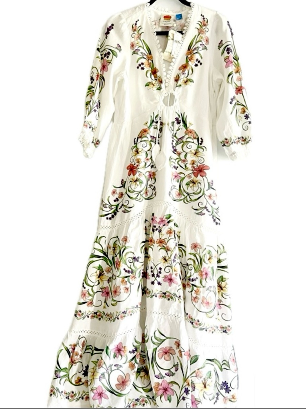FARM Rio White Linen Blend Multicolor Floral Printed Maxi Dress Size Small NWT - Picture 6 of 16